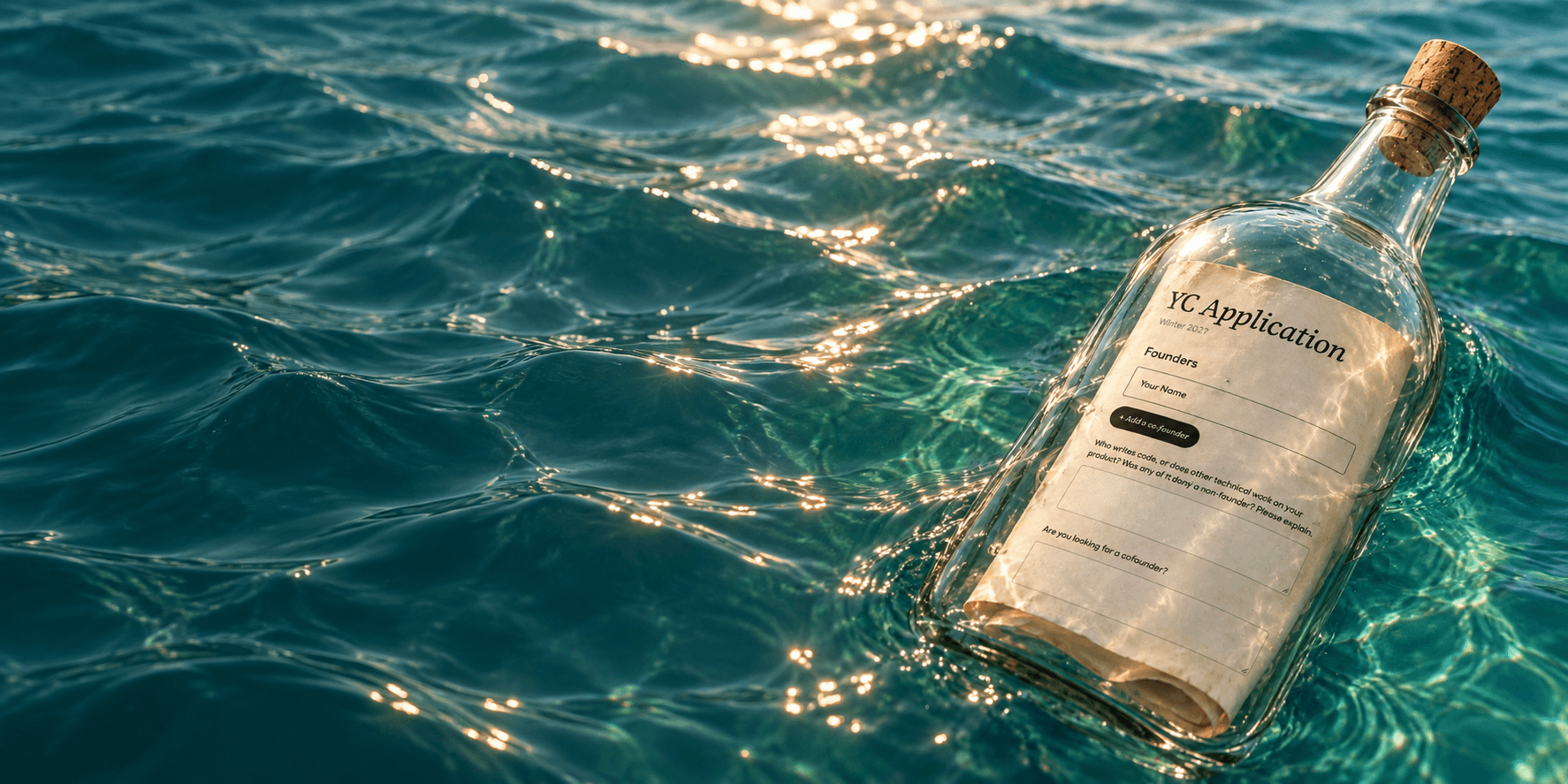 A YC application tucked inside a glass bottle floating in the teal ocean